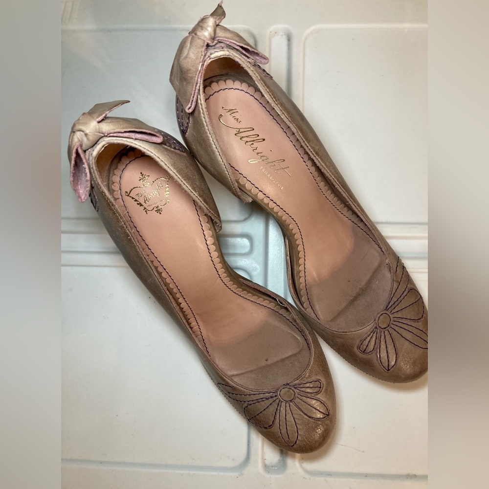 Miss Albright Taupe Leather Embroidered Platform Pumps - Picture 2 of 10
